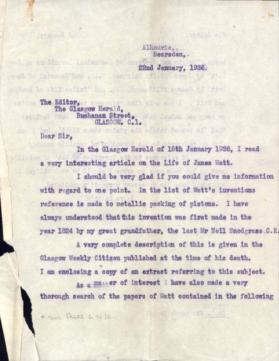 Letter from grandson of Neil Snodgrass to Glasgow