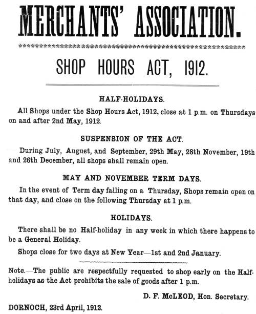 Merchants' Association Shop Hours Act 1912