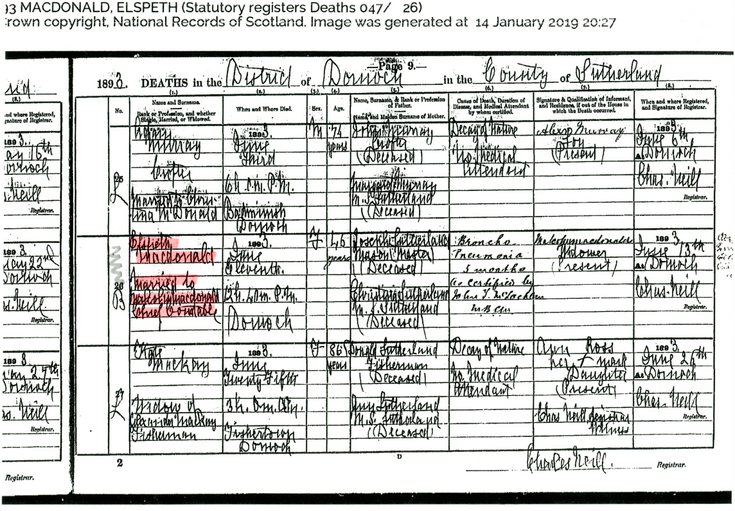 Death Record of Elspeth MacDonald