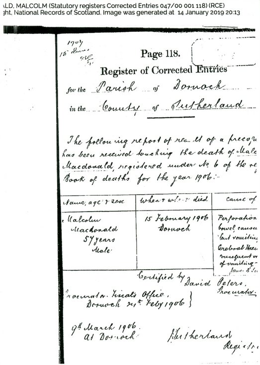 Death Record of Malcolm Macdonald