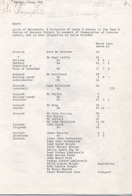 List of residents in Dornoch town and parish for 1805-6 showing rents payable above -�5