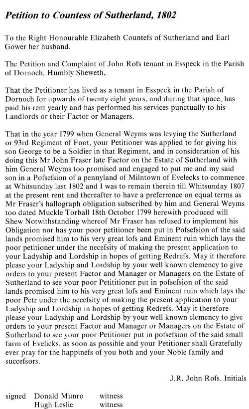 Petition to Countess of Sutherland, 1802