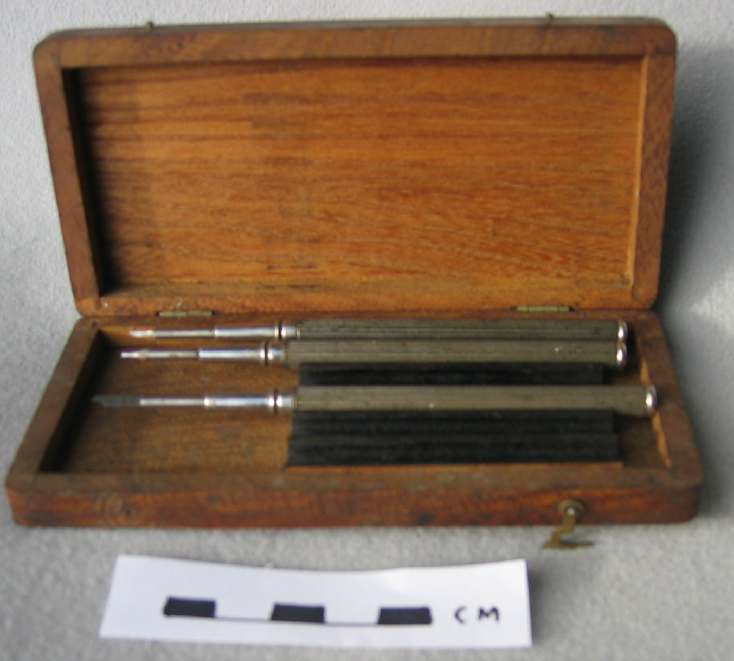 Box of watchmaker's lathe cutting tools