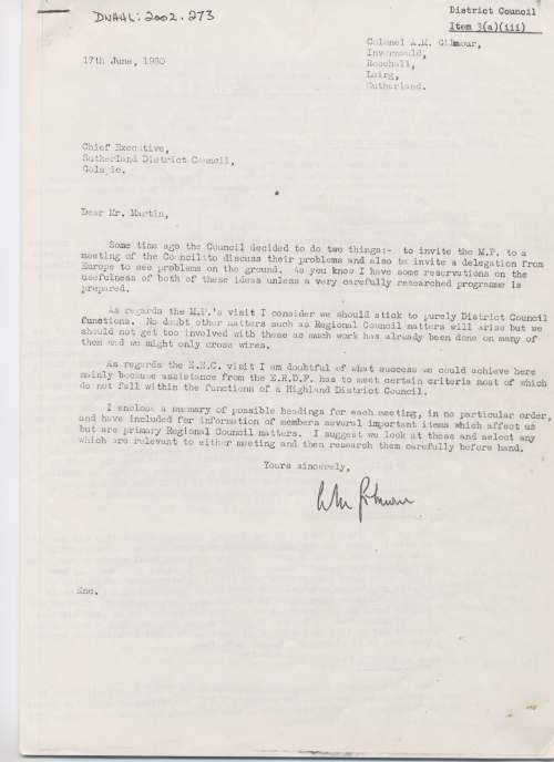 Letter to Sutherland District Coucil
