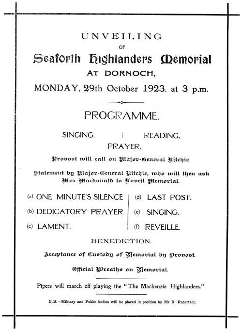 Unveiling of Seaforth Highlanders' Memorial 1923
