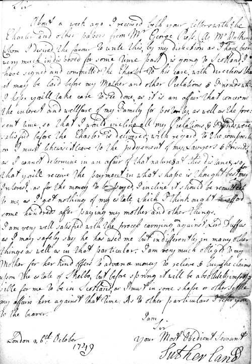 Letter from the Earl of Sutherland 1749