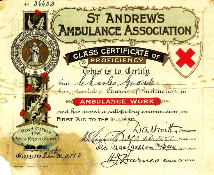 St Andrews Ambulance Association certificate