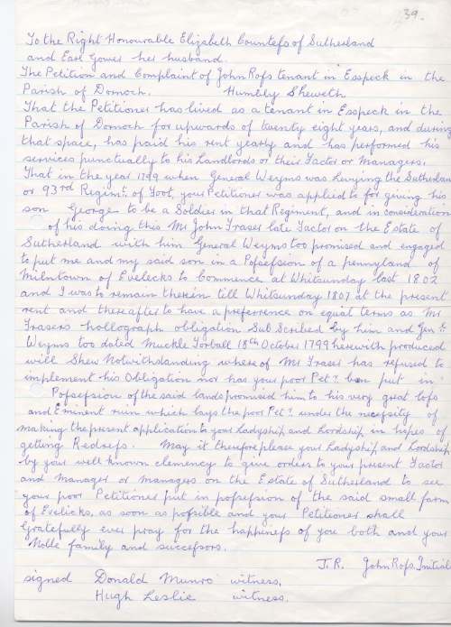 Petition by John Ross to the Countess of Sutherland