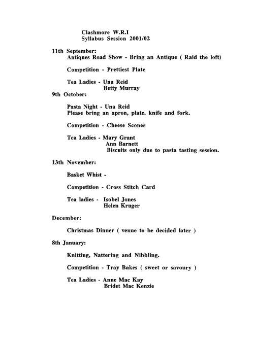 Clashmore SWRI Syllabus for Session 2001/2