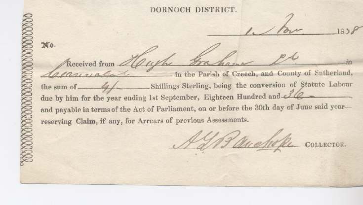Statute labour assessment ~ Hugh Graham 1836