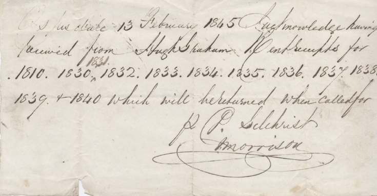 Receipt for rent receipts ~ Hugh Graham 1845
