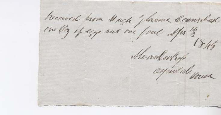 Rent receipt ~ Hugh Graham 1845
