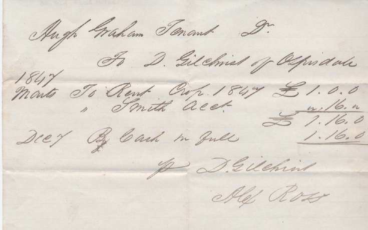 Rent receipt ~ Hugh Graham 1847
