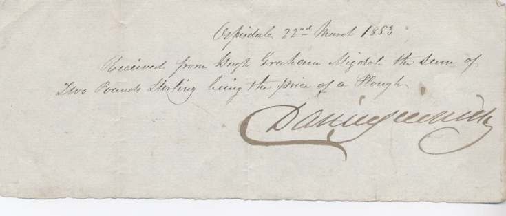 Receipt for plough ~ Hugh Graham 1853