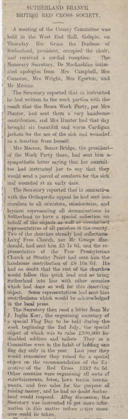 Sutherland Branch British Red Cross Society - Appeal