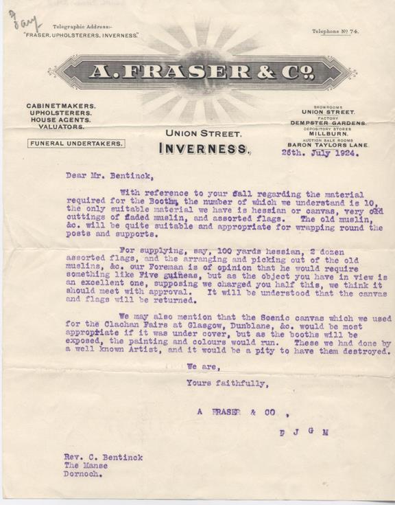 Letter re material for booths for cathedral septcentenary celebrations