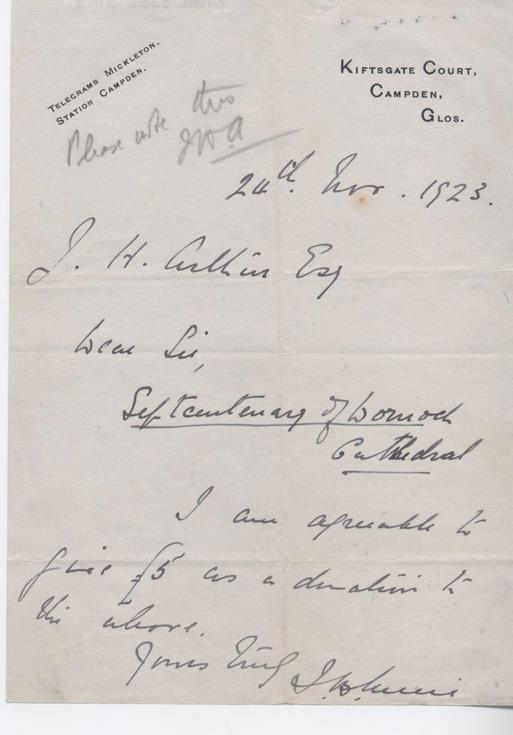 Letter re donation for cathedral septcentenary celebrations