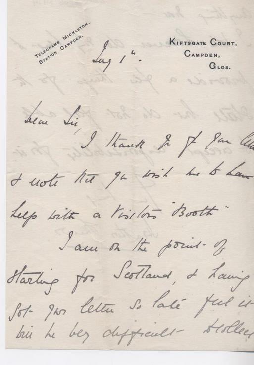 Letter re assistance with booth for cathedral septcentenary celebrations