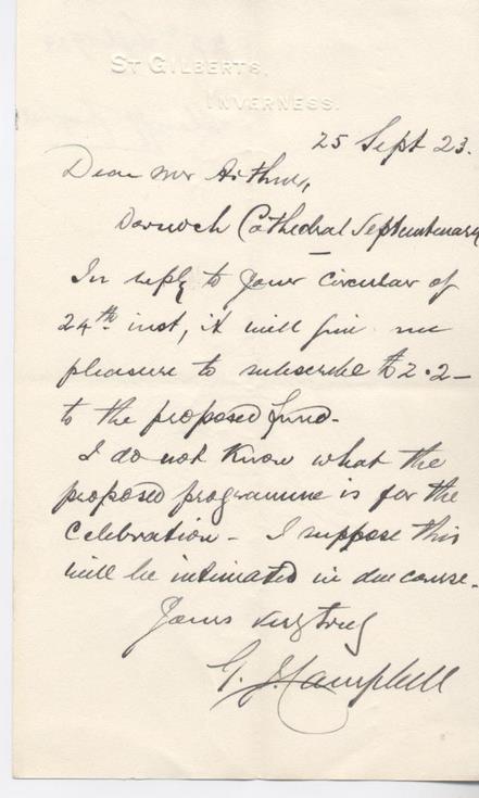 Letter re donation for cathedral septcentenary celebrations