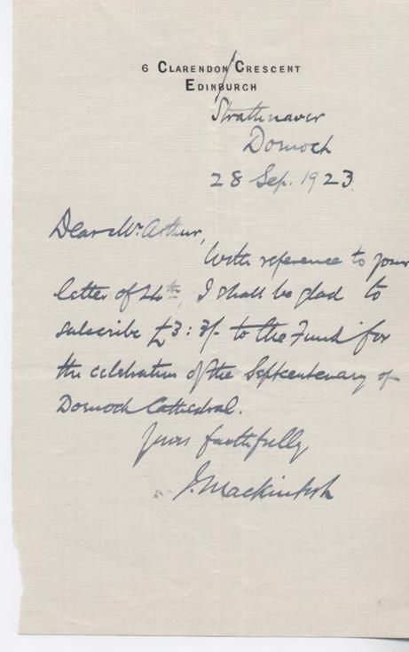 Letter re donation for cathedral septcentenary celebrations