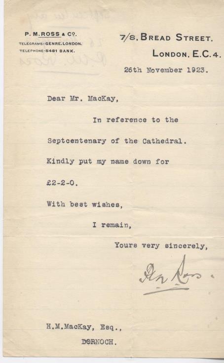 Letter re donation for cathedral septcentenary celebrations