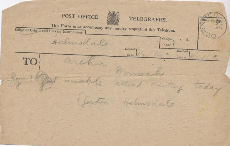 Telegram re meeting about cathedral septcentenary celebrations