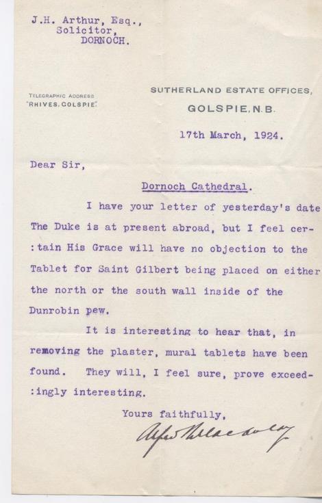 Letter re St Gilbert tablet in the cathedral