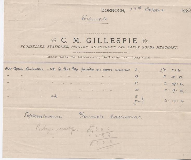 Estimate for printing for cathedral septcentenary appeal