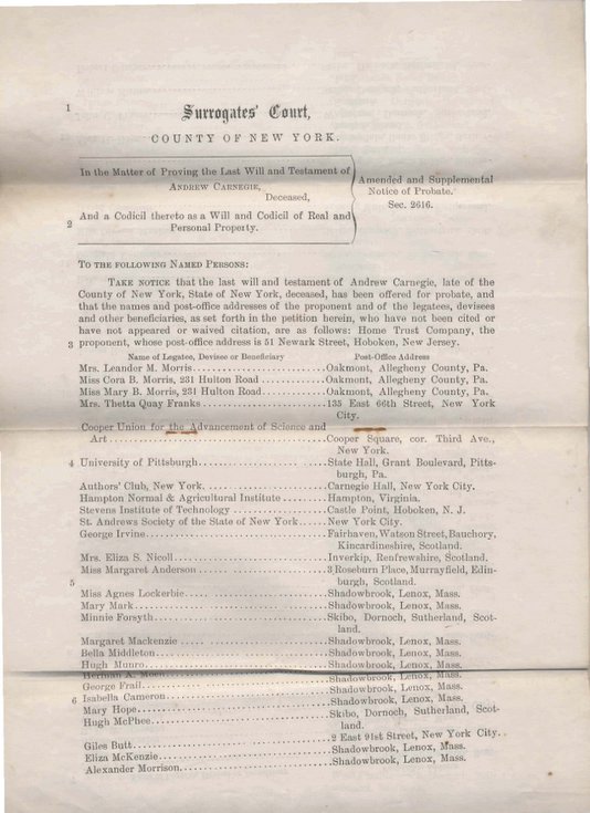 Will of Andrew Carnegie ~ List of beneficiaries in the Dornoch area