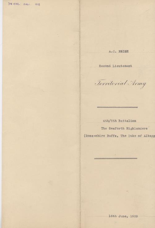 Certificate of appointment of A C Neish to Lieutenant