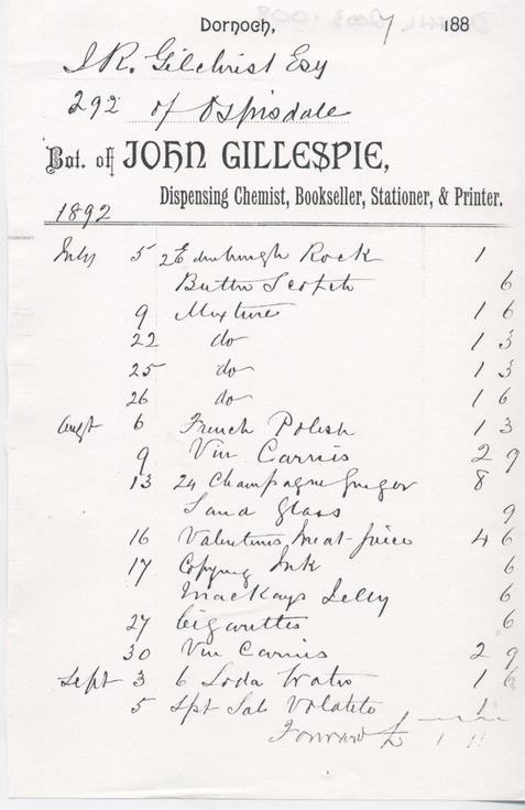 Invoice from JOhn Gillespie Chemist to J R Gilchrist