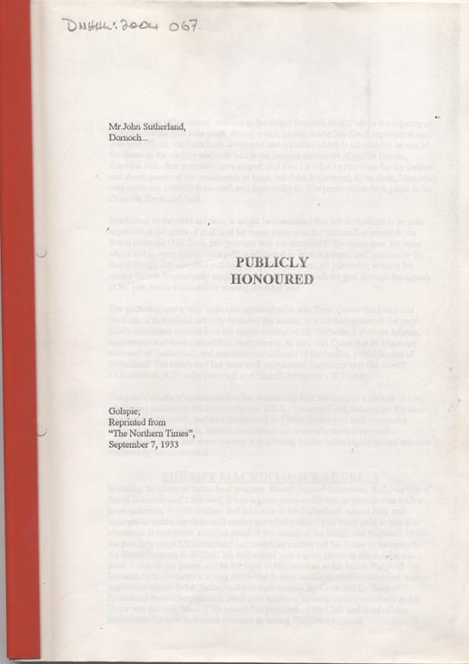 Testimonial to John Sutherland Secretary RDGC