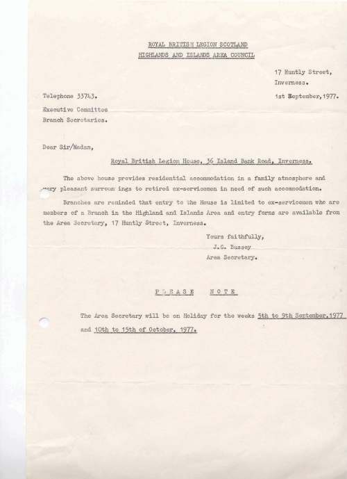 British Legion Correspondence - BL House Inverness