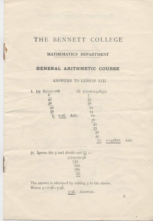 Answer sheet for mathematics exam (Bennett College);