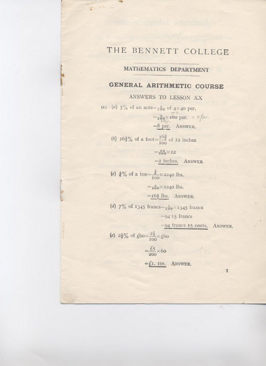 Answer Sheet to mathematics exam (Bennett College);