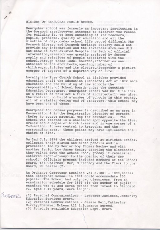 History of Rearquhar School