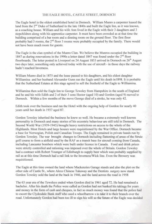 History of the Eagle Hotel Dornoch 1847 - 2006