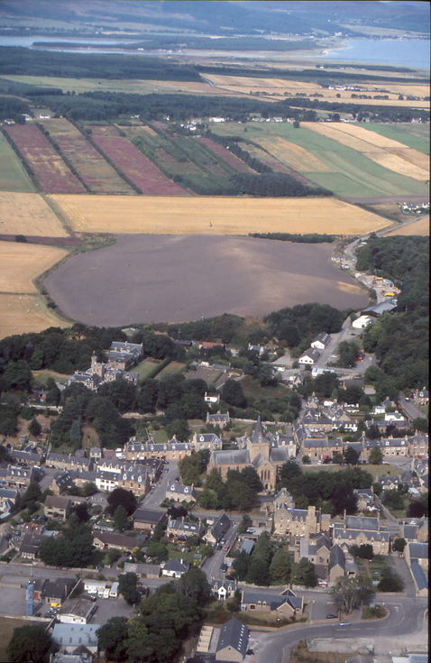 Aerial photograph of Dornoch with Loch Fleet in background