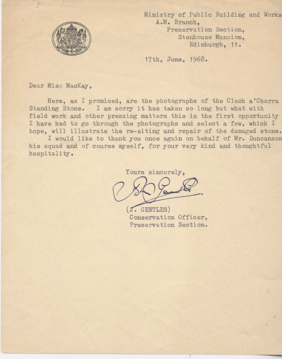 Letter about resiting of Clach a' Charra