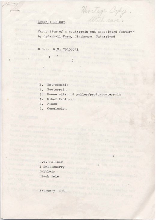 Summary report of excavation by Cyderhall Farm, Clashmore