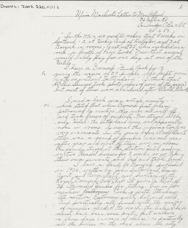 Letter from Miss Macleod, Cambridge to Mrs Alford, Dornoch, 1983