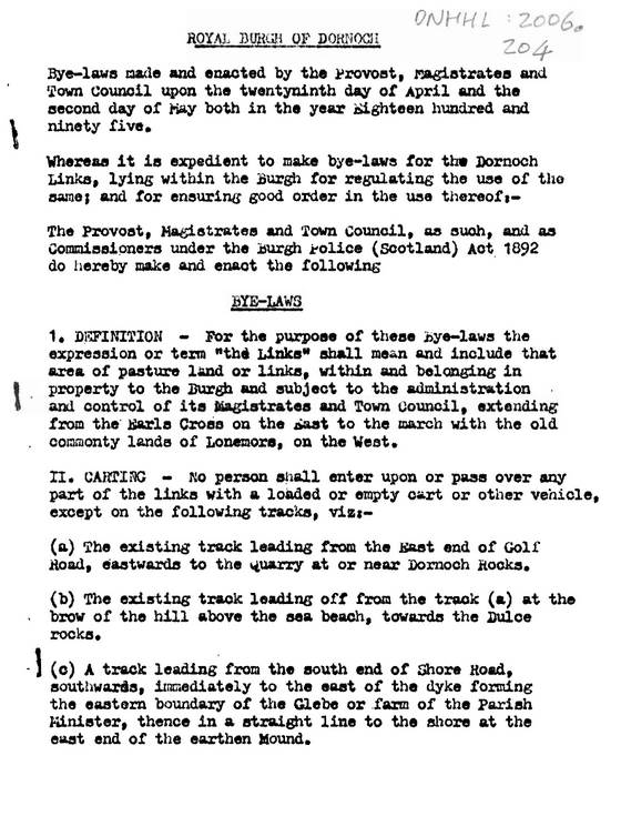 Bye-laws for the use of the Dornoch Links 1913