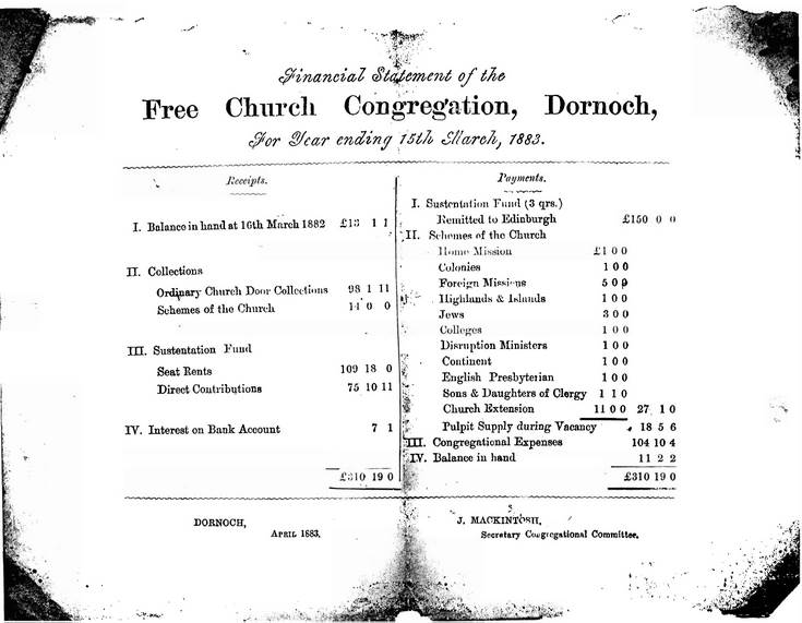 Financial Statement of Free Church Congregation Dornoch 1883