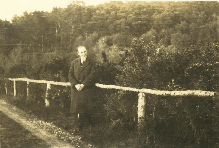 Man standing against a single-rail fence