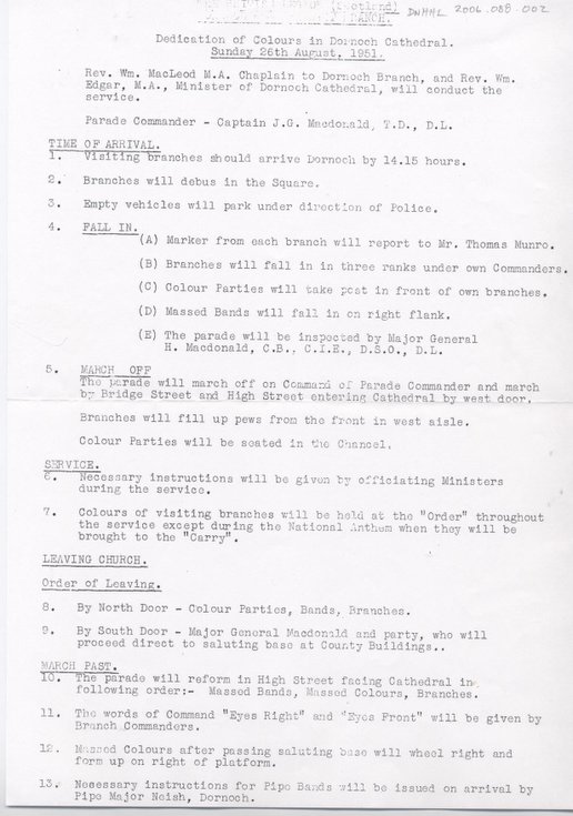 Dedication of Colours Dornoch 1951 - Parade Orders