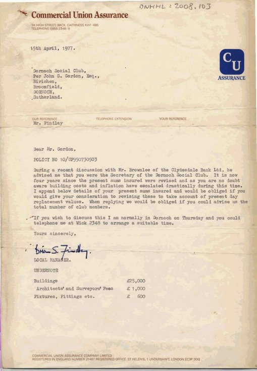 Dornoch Social Club Insurance and Performing Rights Tariff