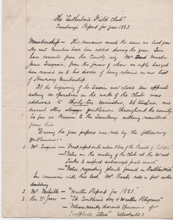 Sutherland Field Club Secretary's Report 1882