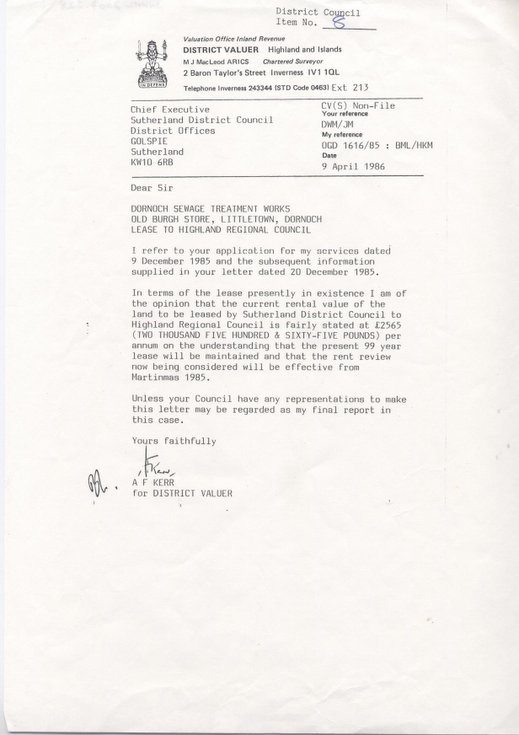 Rental value of Dornoch Sewage Works 1986