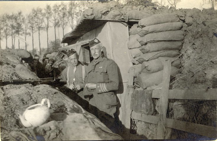 Headquarters dug-out. Col. Robertson, Major. Chaplin