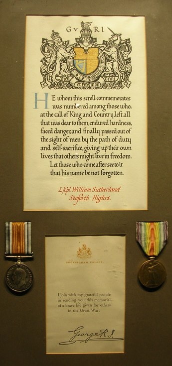 Framed scroll and medals LCpl William Sutherland